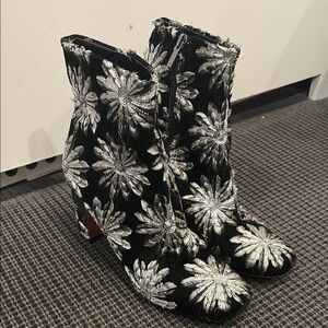 Marc Fisher Elegant Black velvet and Silver Sequined Floral Women's Boots